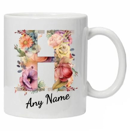Personalised Mug Cup Watercolour Beautiful Floral Initial Name Tea Coffee Boxed Gift Christmas Gifts for Her Drinkware Ceramic (Letter H)