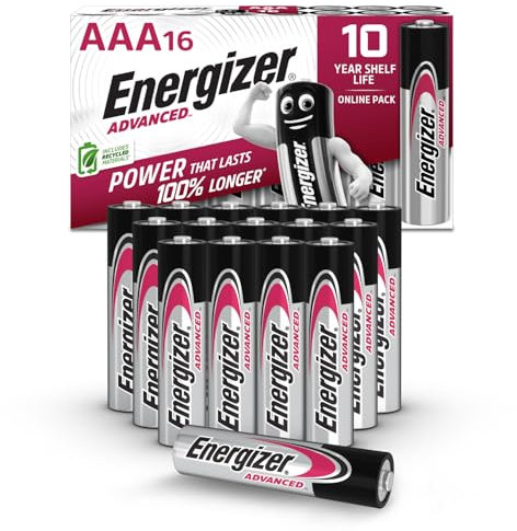 Energizer Advanced AAA Batteries, 1.5V Alkaline, 16 Triple A Batteries, Power That Lasts 100 percent Longer, Ideal for High-Drain Devices, 10-Year Shelf Life, 0 percent Plastic Packaging
