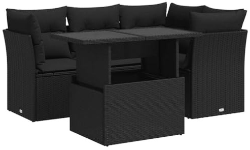 vidaXL 5-TLG. Garten-Sofagarnitur mit Kissen Schwarz Poly Rattan