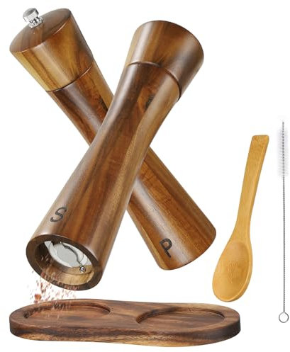 BEZORR Salz- und Pfeffermühle, Set mit 2 Gewürzmühlen aus Akazienholz, 20,3 cm große Pfeffermühle mit untersetzer, Gewürzmühle Keramikmahlwerk mit Reinigungsbürste und Löffel für verschiedene Gewürzmü