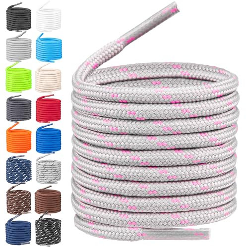 TULMERO Lacets de randonnée ronds - Lacets résistants à la déchirure - Lacets en polyester résistant - Diamètre 4 mm, gris clair/rose, 120cm - 2 Paare