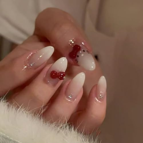 MouyouGlow Press on Nails Short Almond Nude Gradient White Cute Kawaii Kitty 3D Bow Tie Diamond Fake Nails with Nail Glue, Natural Colour Gradient White Artificial Fingernails