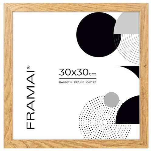 FRAMAI® Bilderrahmen 30x30 cm Eichenfarbe, MDF Umweltfreundlichem Rahmen mit Bruchsicheren Plexi, Aufhänger und Aufsteller