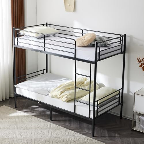BOSTEU Twin Over Twin Bunk Bed Heavy Duty with 2 Drawers Double High Sleeper Bed with Ladder & Guard Rails for Adults Kids (black, no drawer)