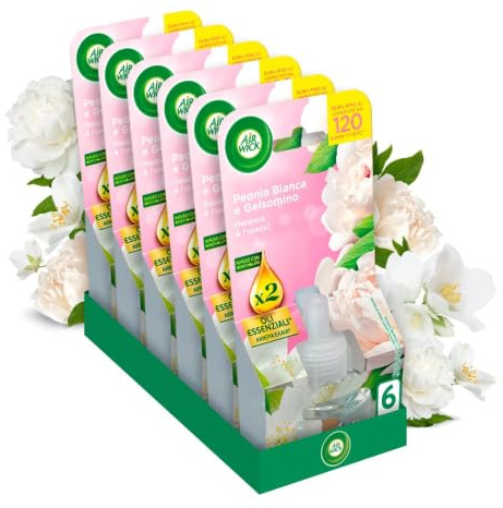Air Wick Diffusore Elettrico di Oli Essenziali, 6 Ricariche per Diffusore Elettrico alla Fragranza Peonia Bianca e Gelsomino, Profumatore per Ambienti Elettrico con Oli Essenziali