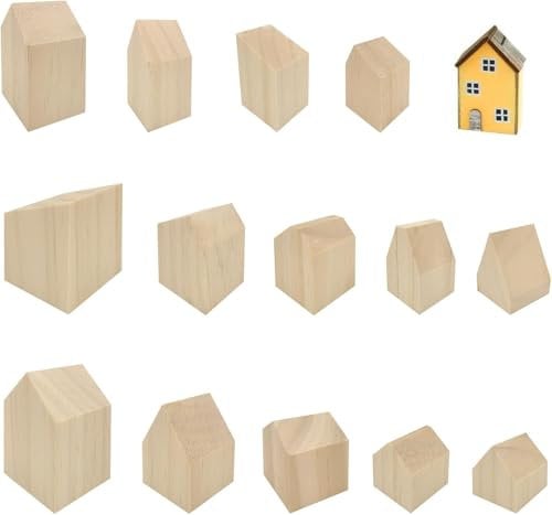 Super Idee 14er Set Dekohäuschen zum Hinstellen und Bemalen DIY Haus Deko Figuren aus Holz Holzhaus Holzhäuser Tischdeko Weihnachtsdekoration süßes Geschenk