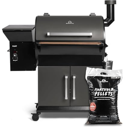 BURNHARD® Pelletsmoker Set FLINT, 2 Ebenen, 9 kg Hartholz-Pellets | 70-230°C, Edelstahl-Grillroste, Klapptisch, Unterschrank, integrierte Messfühler, BBQ-Aromen, 24h Smoken