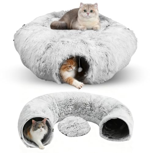 Katzentunnel, Großes Katzenspielzeug, Donut Katzentunnel aus Plüsch mit Schlafplatz, Weiches Katzenbett Katzenhöhle mit Spielball, Katzenspielzeug für Indoor, Faltbar Katzen Tunnel