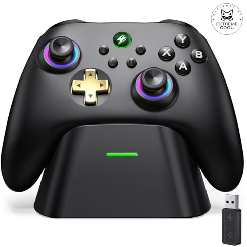 PC Wireless Controller mit Ladestation, 1000Hz Gaming Controller mit RGB Licht, Hall Joystick/Turbo/Vibration/1000mAh Wiederaufladbare Batterie, Wireless Controller für PC/Switch 2/Switch/Android/IOS