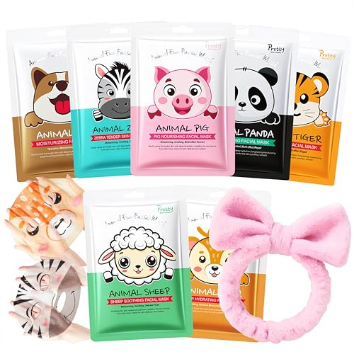 Tiermotiv Tuchmasken Gesicht mit Stirnband - Gesichtsmaske Kinder & Frauen - Face Mask Nährend & Beruhigend - Adventskalender Gesichtsmasken Set - Spa Party Mädchen Geschenke 11 jahre