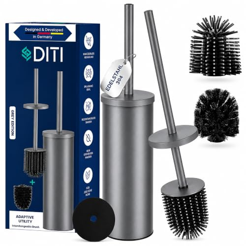 DITI® Klobürste Silikon mit Edelstahl Griff & Halter, Grau matt | Silikon + PP WC-Bürstenkopf mit 2 Spritzschutz, Antibakterielle Design Toilettenbürste – WC Bürstengarnitur, Blickdicht