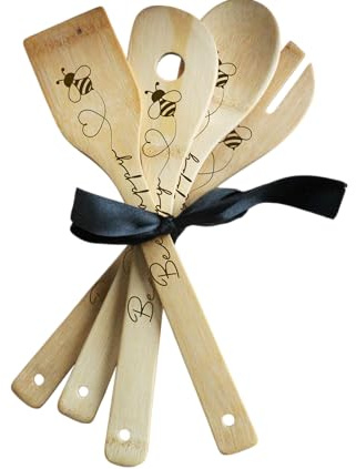 Set mit 4 personalisierten Holzlöffeln mit Gravur – Bee Happy – Herz und Biene