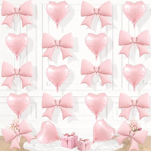20 palloncini rosa con fiocco a forma di cuore, palloncini con fiocco rosa, palloncini a forma di cuore, decorazione di compleanno per ragazze, palloncino in foil a cuore con fiocco per matrimonio