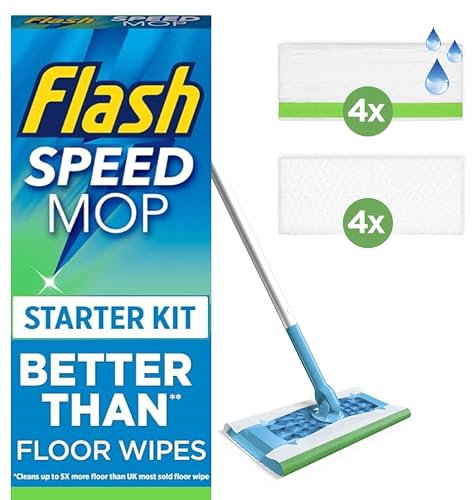 Flash Speedmop Floor Cleaner Starter Kit, Fast Easy & Hygienic (1 Handle + 4 Wet & 4 Dry Refills), Trap & Lock Daily Dirt, Grease & Grime Without Getting Down On Your Knees