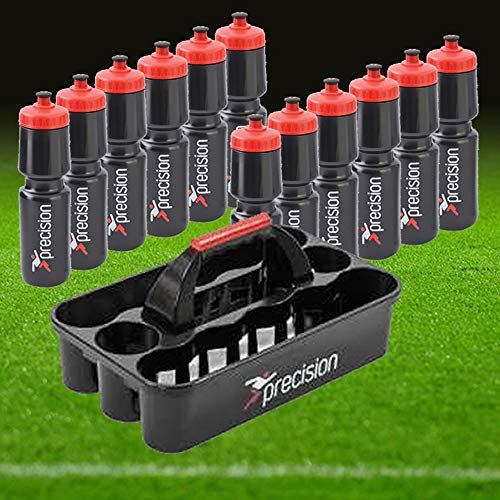 Precision Juego de 12 botellas de agua y transportador, 750 ml, botellas deportivas sin BPA con tapas fáciles de tirar, soporte de plástico duradero para entrenamiento de equipo de fútbol y rugby