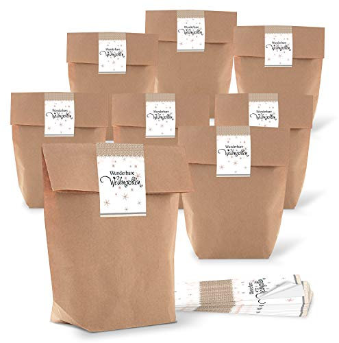 Logbuch-Verlag 25 Weihnachten Geschenkbeutel Tüte Kunden Mitarbeiter Kollegen Beutel Kraftpapier 16,5 x 26 x 6,5 cm mit Banderole weiß braun