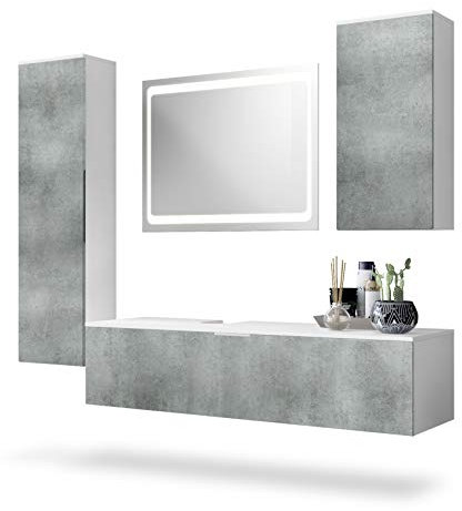 Vladon Badmöbel Komplettset Beach, Made in Germany, Korpus in Weiß matt/Fronten in Beton Dunkel, mit LED Spiegel
