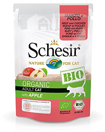 Schesir Cat Bio Adult Rind und Huhn mit Apfel, Katzenfutter nass, 16 Beutel x 85 g