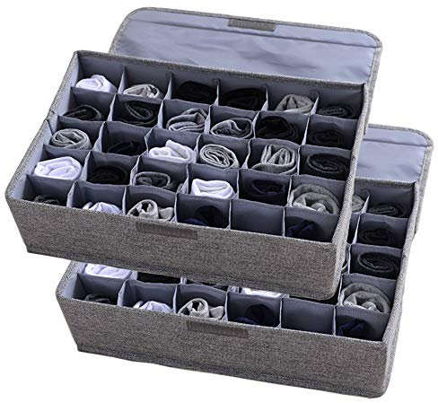 AARAINBOW Ties Drawer Organiser 2 Pack, Foldable Underwear Organizer for Drawer Closet, Fabric Drawer Dividers with Lid, Sock Organizers for Dresser Drawers (30 Cell, 2 Gray)