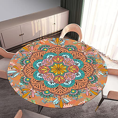 Morbuy Tischdecke Elastisch, Mandala Drucken Rund Tischdecken Wasserdicht Lotuseffekt Abwaschbar Abwischbar Tischtuch für Dekoration Küchentisch Garten Outdoor (Durchmesser 90cm,Orange)