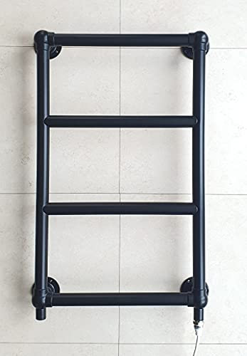 Heat & Things Traditional Black Electric Ball Jointed Painted Brass Towel Rail 470mm W x 740mm H With 7 Day Timer/Thermostat