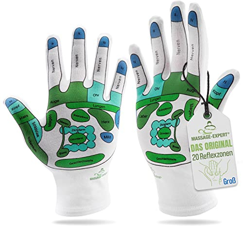Handschuhe für Reflexzonenmassage und Akupressur der Hände | 20 Handreflexzonen auf Deutsch | Weiche Baumwolle, Stretch | Qualität von MASSAGE-EXPERT | Ohne Vorkenntnisse Zuhause verwöhnen | Groß