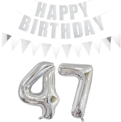 Luftballons Zahl 47 Silber + Happy Birthday Girlande + banner Folienballon 47.Geburtstags deko frau mann ballons 47 Jahre Geburtstag deko frauen Zahlenballon 47 Geburtstag dekoration Männer frau(47)