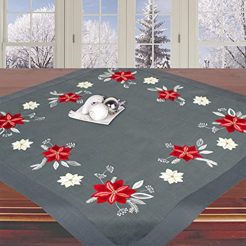 Ernst Schäfer Stickpackung WEIHNACHTSSTERN, Tischdecken Set vorgezeichnet zum Sticken, mit Plattstich und Stielstich Selbersticken, Sticken zur Adventszeit Weihnachten, 85x85 cm, anthrazit grau