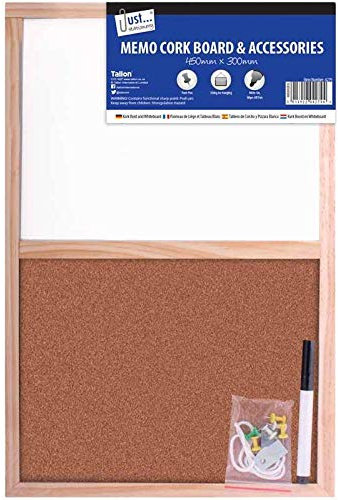 M1SS Wood Frame Split Cork & Cork Board and Dry Wipe Board, Whiteboard Coloured Markers Bulletin Memo Decor, Home, Office, Push pins and Hanging Hooks (Split Cork/Dry Wipe Board, 450 x 300 mm)