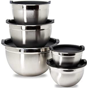 NOBEL Mixing Bowl Set of 5, Stainless Steel Nesting Bowls for Meal Preparation Kitchen Baking, Heavy Duty & Dishwasher Safe, Space-Saving Storage Metal Bowl, Air Tight Black lids