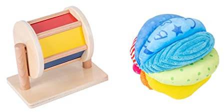 Adena Montessori Baby-Spielzeug-Set mit Montessori-Spiegel, Peekaboo-Knopf-Puzzle, mittlerer Dreh-Trommel und Regenbogen-Stoffball-Kit Spielzeug für Kleinkinder im Alter von 6-12 Monaten (Spielset 3)