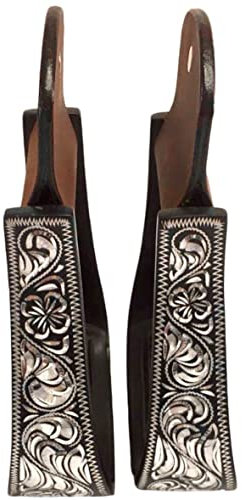 Majestic Ally Western Horse Aluminum Black Engraved Stirrups- Adults (Silver-Black)
