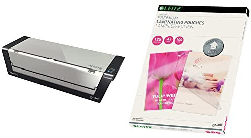 Leitz A3 Laminiergerät Touch Turbo Pro & Heißlaminierfolien A3 125 mic, Laminierfolien in Premium-Qualität im 100er Pack, Glänzend, Transparent, Vereinfachtes Einlegen durch UDT, iLAM, 74880000