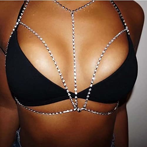 TseenYi Boho Cristal Soutien-gorge Chaîne Corps Strass Bikini Chaîne Poitrine Argent Cz Chaîne Corps Boîte Nuit Rave Party Bikini Chaîne Soutien-gorge Cristal Bijoux Corps Pour Femmes Et Fille