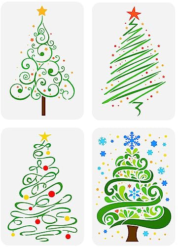 FINGERINSPIRE 4 Stück Weihnachtsbaum Schablonen 29.7x21 cm Weihnachtsthema Vorlage Kunststoff Baum Sterne Schneeflocken Muster Vorlage Wiederverwendbare Schablonen Für Weihnachten Wanddekoration