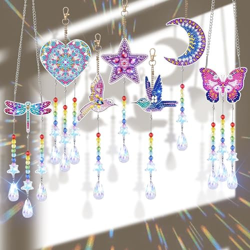 nuyikaso 7 Stück Sonnenfänger Kristall Anhänger Diamond Paintin Schlüsselanhänger Mond Schmetterling Raubvogel Stern Libelle 5D DIY Diamant Gemälde Ornament für Fenster Garten Außen Zuhause