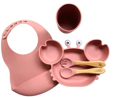 Ensemble repas ludique pour enfants : Pack repas personnalisé avec bavoir assorti et verre - Pratique, amusant et stylé, le tout en Rose !