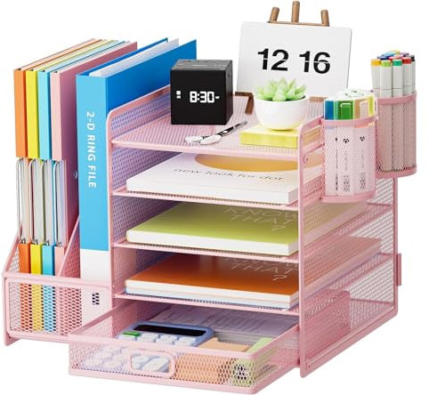 Marbrasse Desk Organiser File Holder,5-Tier Paper Letter Tray Organiser with Drawer,2 Pen Holder,Mesh Desktop Storage with Magazine Holder for Office Supplies (Pink)