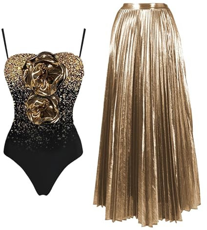 Luckywaqng Women's Suspender One Shoulder Herringbone Ruffled Sequin Print Swimsuit Suit Skirt Dot Bikini Tops for Women (Rose Gold, L)