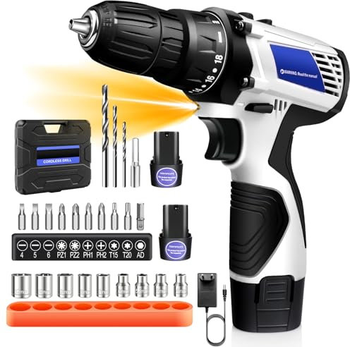 1500mAh Kit de Taladro Eléctrico de Doble Batería,Par de Torsión 18+1,Par de Torsión 45 Nm,23PCS Accesorios,16.8V Taladro Eléctrico Inalámbrico para Proyectos en el Hogar