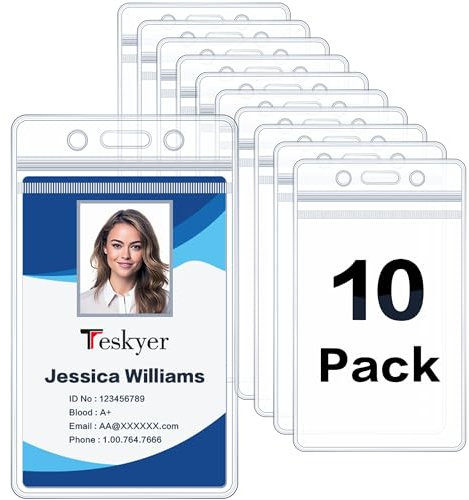 Teskyer 10 Pièces Porte Badge, Porte Badge Transparent, Imperméable à l’eau, Plastique, Souple, avec Fermeture éclair Refermable, Vertical, 6 x 9 cm