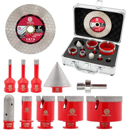 FOCSTOL Juego de Brocas Diamante - Corona para Porcelanico, Cerámica, Mármol, Granito 10 Piezas (6/8/10/20/35/50/68mm+20mm Fresa+50mm Broca Chaflán Biselado+Adaptador+125mm Disco)
