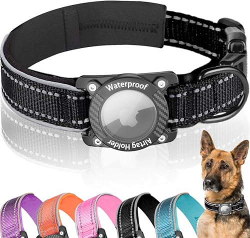 AgoumLux Airtag Hundehalsband, Air Tag Wasserdicht Hundehalsband mit Airtag Halter, Reflektierendes Airtag Halsband Hund mit Weicher Polsterung für Kleine, Mittlere und Große Hunde, Schwarz, M