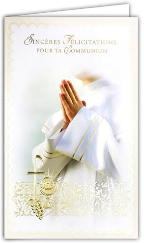 AFIE 19-646 Tarjeta Porta-Billete con Sobre Sinceras Felicitaciones Comunión Niño Niña Amanecer Ropa Blanco Manos Juntas en Oración Cristiana Católica Nuestro Padre Te saludo María