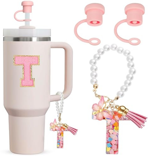 Letter Cup Accessories,4pcs Includs 2pcs Dustproof Straw Topper,1pc Charm Accessories for Cup and 1pc Personalized Name ID A-Z Pearl Hangings Letter Stickers (T)