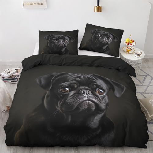 Generisch Schwarzer Mops Deko - Mops Bettwäsche 135x200 Sommer, Hundemotiv Bettbezug 135 x 200 2er Set mit Kissenbezug 80x80, Weiche Mikrofaser Sommerbettwäsche mit Reißverschluss