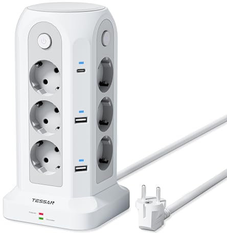 TESSAN Regleta Enchufes con Interruptor Individual, 18 en 1 Torre Enchufes Vertical con 6 USB, 12 Tomas Multiples con 2 USB C y Proteccion Sobretension, Torre Multiple con Cable 2M para Oficina Casa