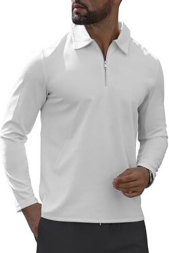 MLANM Men Autumn Long Sleeve Polo T-Shirts Premium Sports Golf Tennis Polo Tops M Cream White