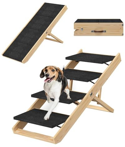 PUPIHOM 4 Stufen hölzerne Hundetreppe, verstellbare hölzerne Hundetreppe mit Griff Faltbare Hunderampe für Bett Couch Auto (Schwarz)
