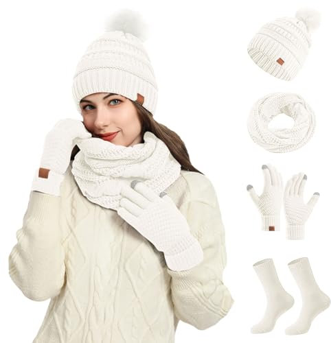 Hat Scarf and Gloves Set Ladies, Winter Beanie 3 In1 Cable Knitted Hat Fleece Neck Warmer Touchscreen Gloves Set Fleece Lined Warm Thermal Outdoor Sports Sking (White, One Size)